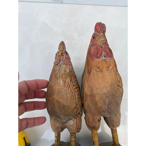 Decoration Antique Two Wooden Carved Rooster Brown Sz 10"x7" - Picture 9 of 11